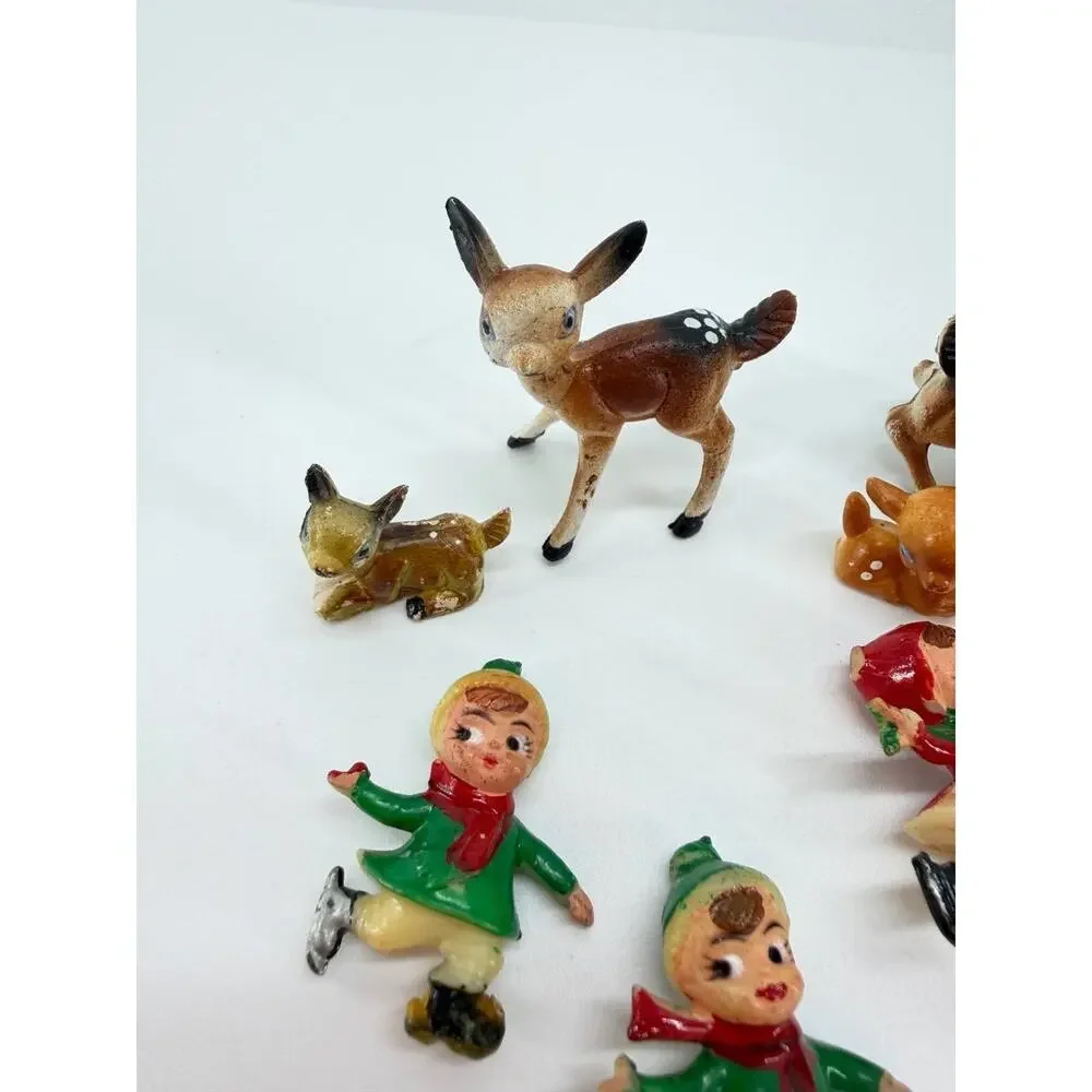 Vintage Hong Kong Plastic Christmas Figures Deer Ice Skaters Figurine Set